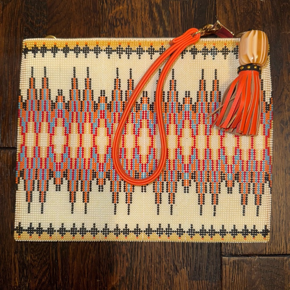 Sondra Roberts Cream and Orange Patterned Clutch